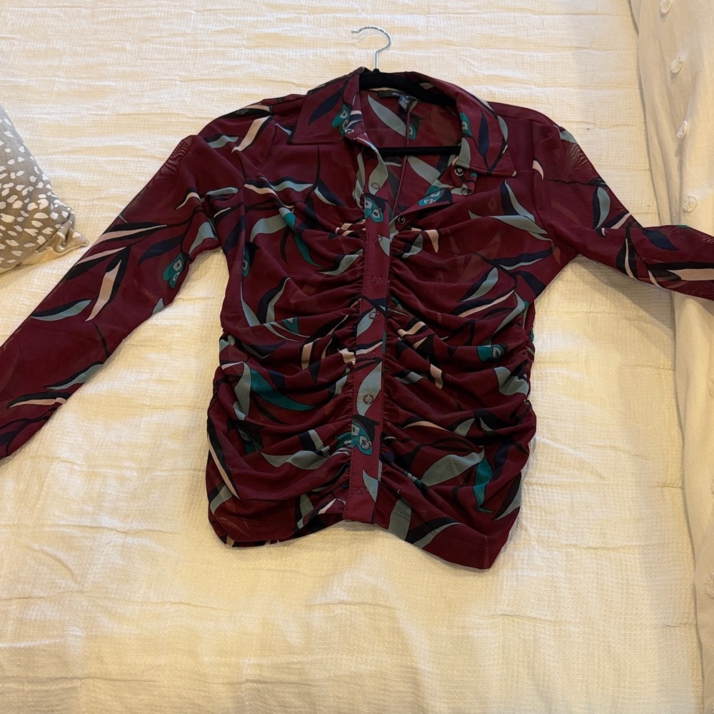 White House Black Market Burgundy Patterned Button Down Shirt